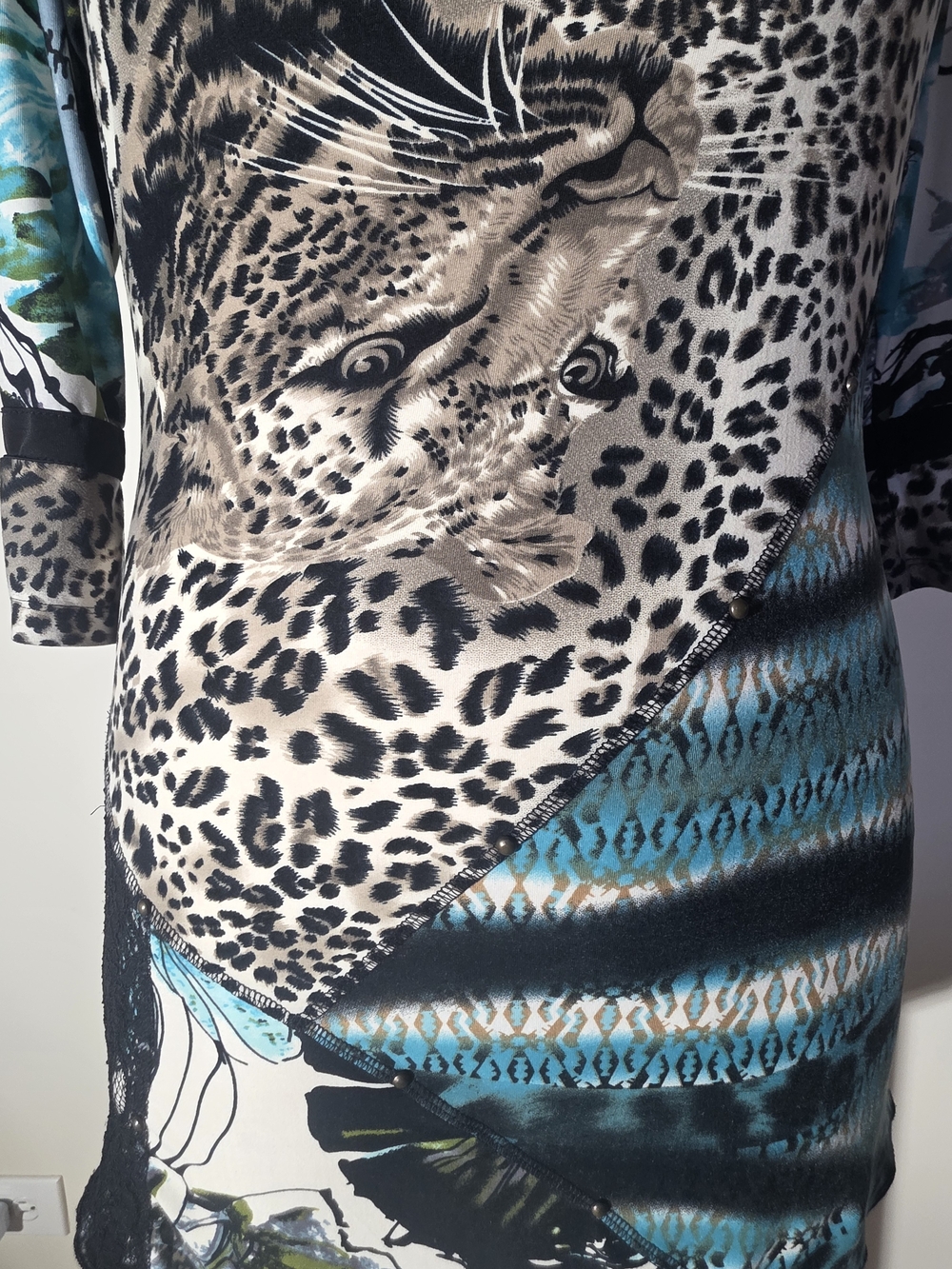 Méchant Leopard Print & Teal Patterned Women's Dress (Size L)